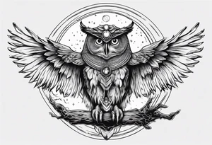 Wise Crowned Owl with the third eye flying towards the Dark Moon. tattoo idea