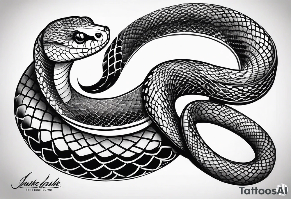 Create a detailed sketch of a snake tattoo. The design should feature a coiled snake with intricate scales and a dynamic, flowing pose. Emphasize the snake's head with a slightly menacing expression, its forked tongue flicking out. Include subtle shading to highlight the texture of the scales and give the design a sense of depth. The overall style should be clean and bold, suitable for a tattoo, with a focus on both artistic and anatomical accuracy. Consider incorporating elements like floral or geometric patterns in the background to complement the snake tattoo idea