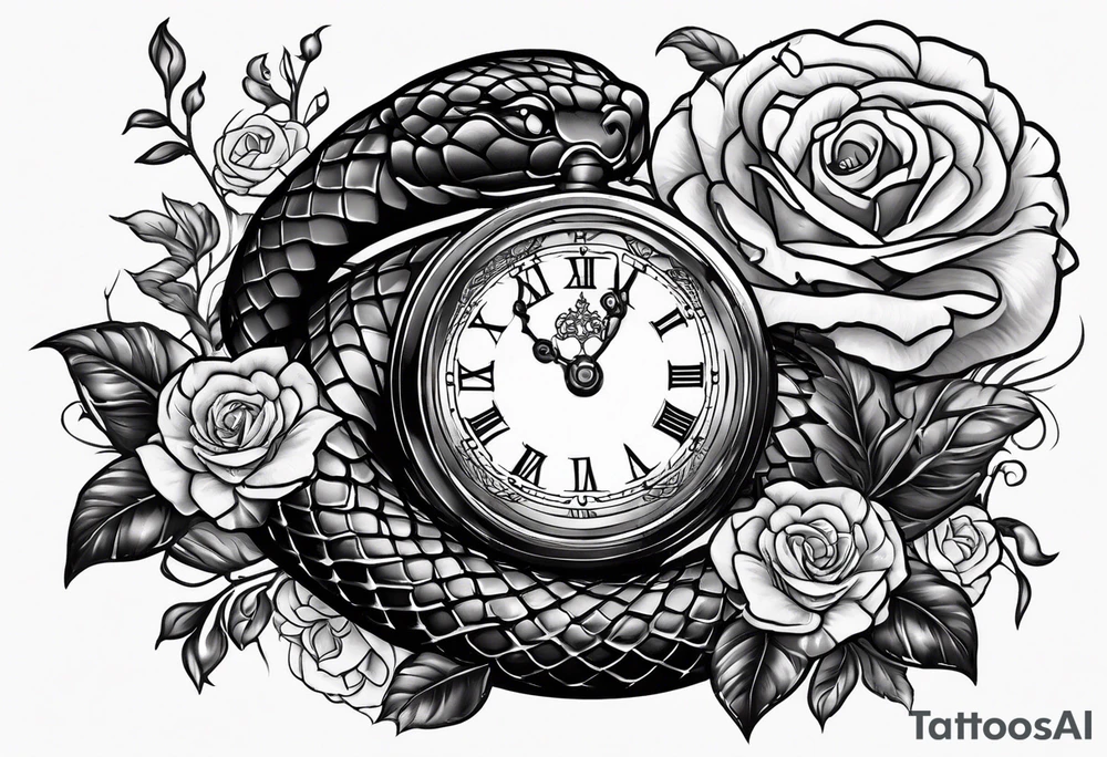 Powerful King cobra wrapped around an old broken watch clock with dead roses all around in the background tattoo idea