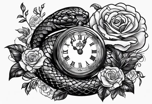 Powerful King cobra wrapped around an old broken watch clock with dead roses all around in the background tattoo idea