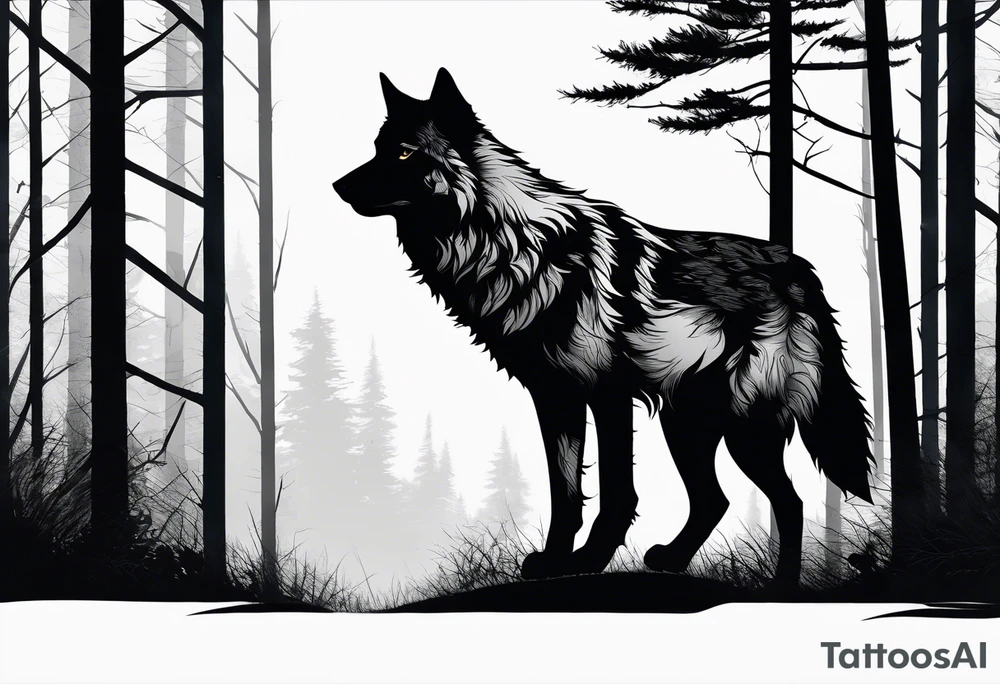 A detailed sketch of a lone wolf prowling through a dense, misty forest. This design can symbolize independence and mystery. tattoo idea