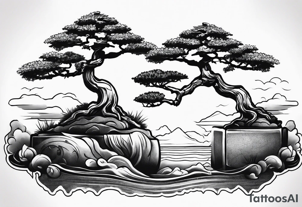 Sunset and little down bonsai trees tattoo idea