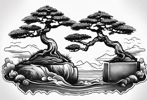 Sunset and little down bonsai trees tattoo idea