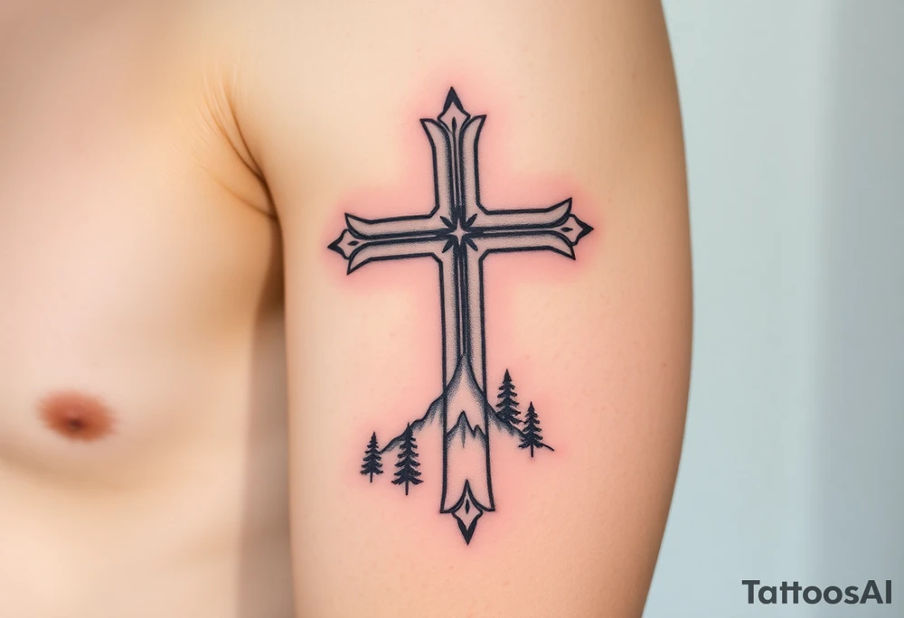 russian orthodox cross with the diagonal line at the bottom with a light forrest with a light mountainous setting tattoo idea