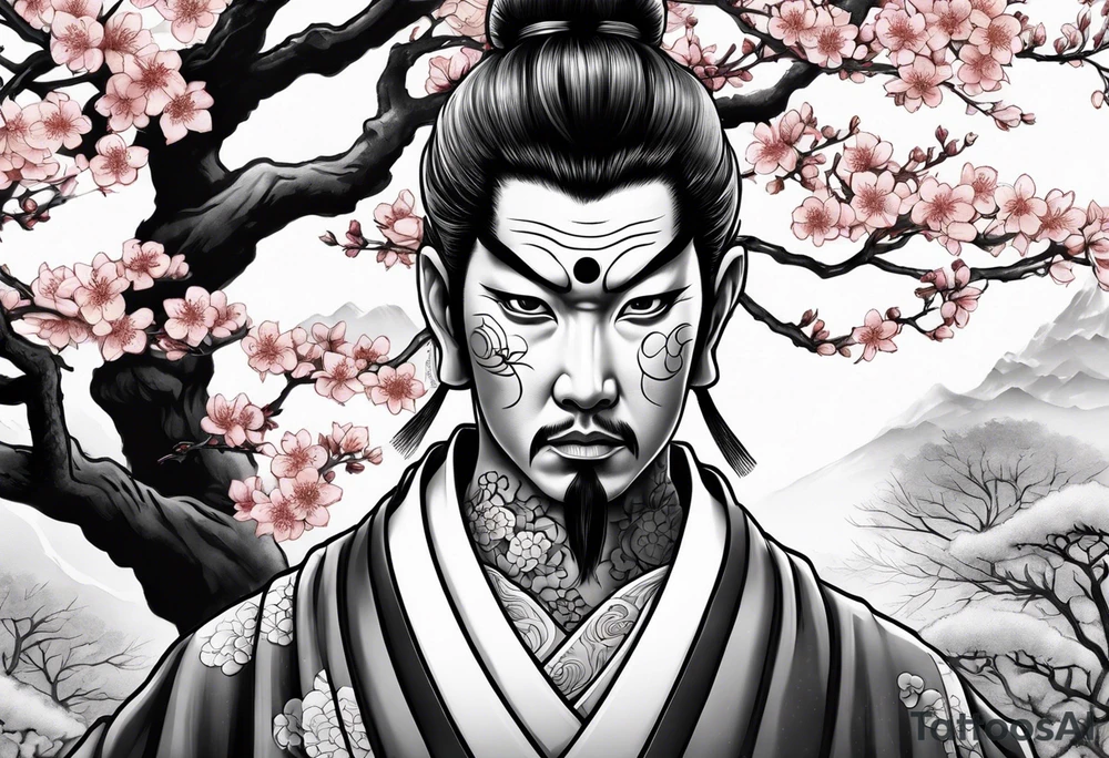 japanese evil spirit with japan and cherry blossom trees in the background tattoo idea