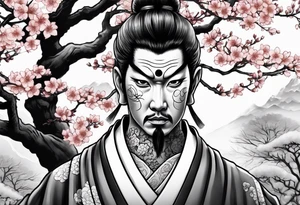 japanese evil spirit with japan and cherry blossom trees in the background tattoo idea