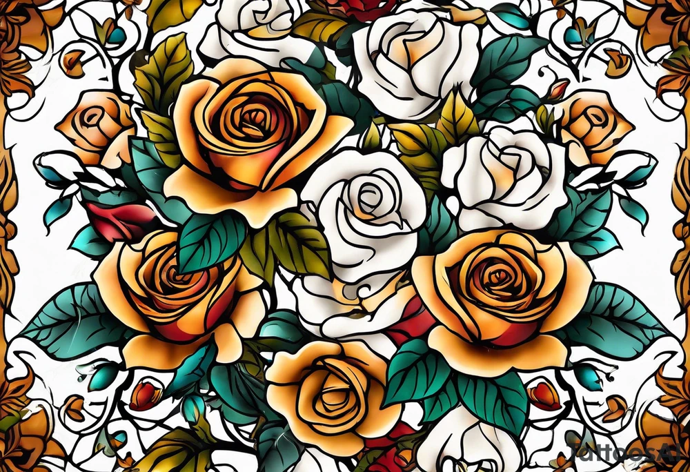 sleeve tattoo in fall colors with roses background swirls, leaves tattoo idea
