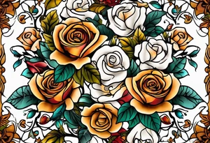 sleeve tattoo in fall colors with roses background swirls, leaves tattoo idea