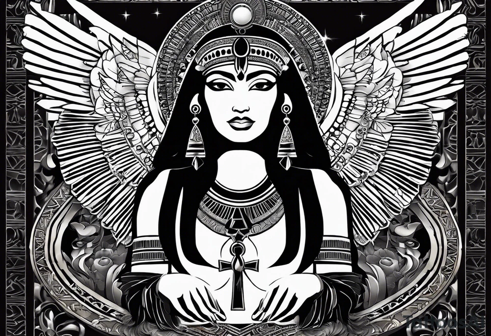 black and white Egyptian goddess Isis, who is often depicted as a woman with outstretched wings, holding an ankh (a symbol of life) in one hand and a lotus flower in the other. Her headdress often includes a throne or a solar disk. The tattoo design can vary in style and size, but it typically aims to capture the essence of this revered Egyptian deity, emphasizing her beauty, power, and maternal qualities. The choice of colors and additional elements can also be customized to create a unique and visually striking representation of the goddess Isis tattoo idea