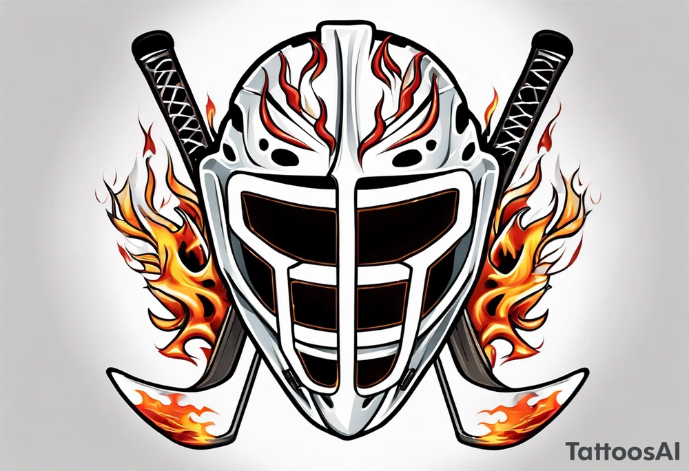 a goalie mask with crossed hockey sticks and flames "SHOT HOCKEY" tattoo idea