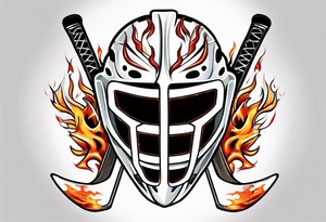 a goalie mask with crossed hockey sticks and flames "SHOT HOCKEY" tattoo idea