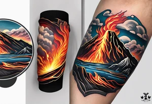 Draw a sketch of a volcanic eruption tattoo as a bracelet on the arm, in a realistic style with lava flowing from it, without a cartoon style and few colors tattoo idea