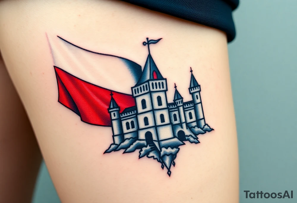 A typical blue, white, red Czech flag waving behind a medieval castle tattoo idea