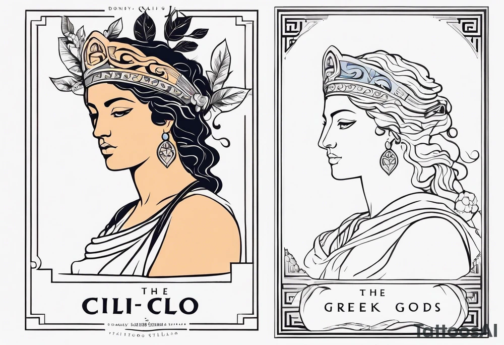 The greek gods Clio with her book and and Dionysos with his attributes tattoo idea