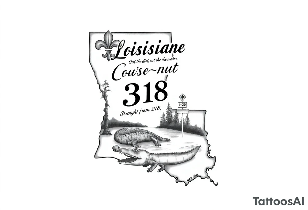 Big Louisiana state outline with fleur-de-lis, a bayou with a gator and trees , the 318 area code and and quote that says  Out the dirt, out the water, straight from 318 , a sign that says I- 20 . Below that add west side , tattoo idea