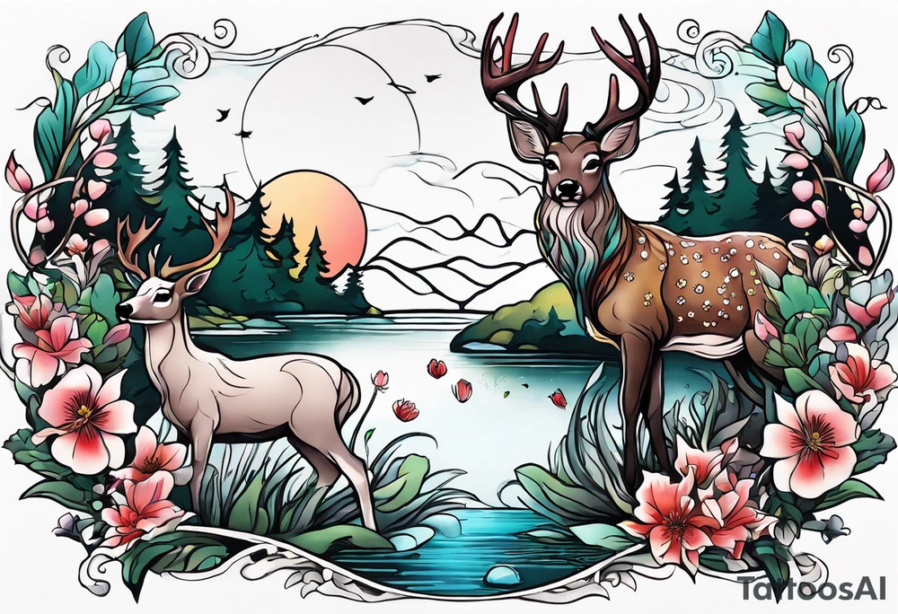 Memorial tattoo 
July 6th 2024 with a deer and a pond with dogwood flowers tattoo idea