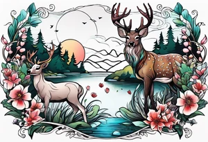Memorial tattoo 
July 6th 2024 with a deer and a pond with dogwood flowers tattoo idea