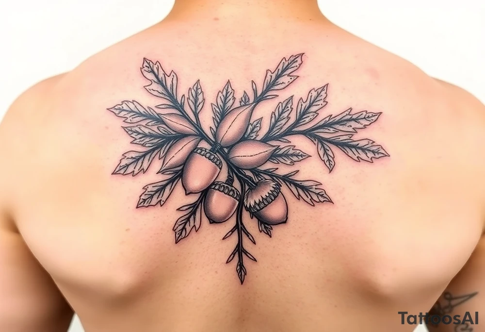 oak branch with thick leaves and acorns tattoo idea