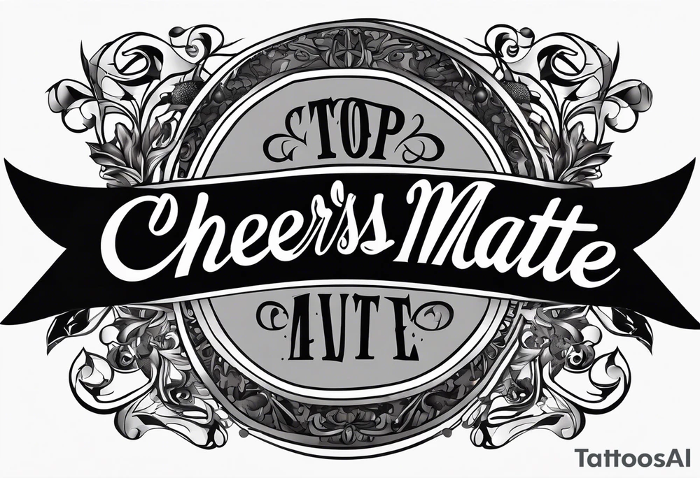 "Cheers Mate" text black and grey ink armband +abstract +grey Cancer Ribbon tattoo idea