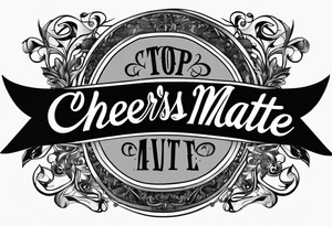 "Cheers Mate" text black and grey ink armband +abstract +grey Cancer Ribbon tattoo idea