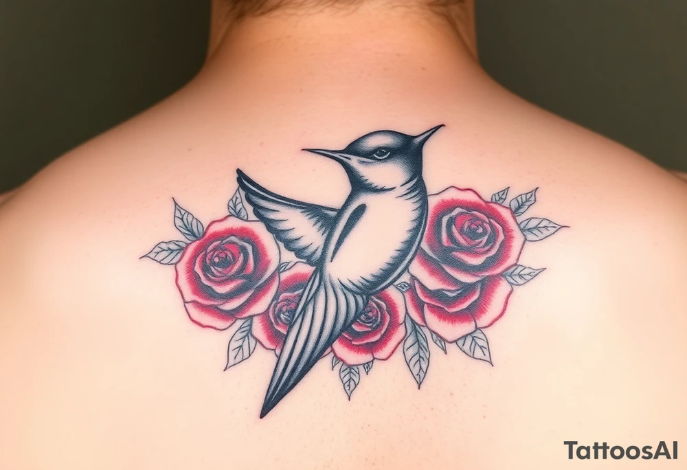 Swallow bird, with ruby color roses tattoo idea