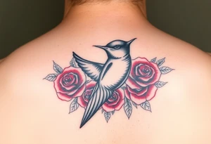 Swallow bird, with ruby color roses tattoo idea