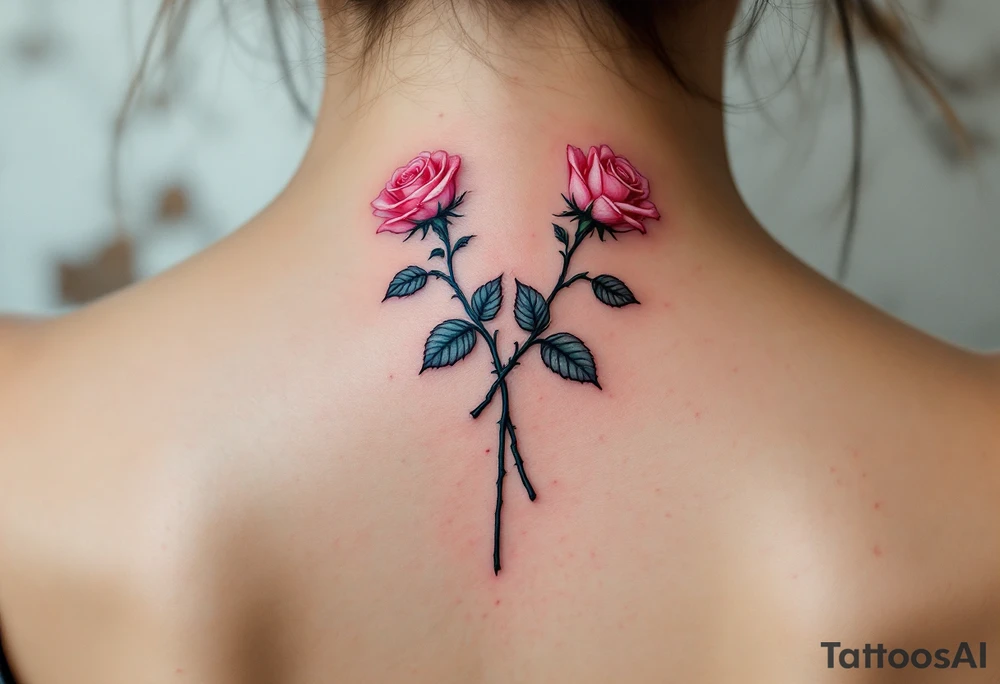 Two crossed rose stems with pink blossoms, placed symmetrically, representing unity or connection. tattoo idea