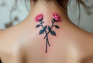 Two crossed rose stems with pink blossoms, placed symmetrically, representing unity or connection. tattoo idea