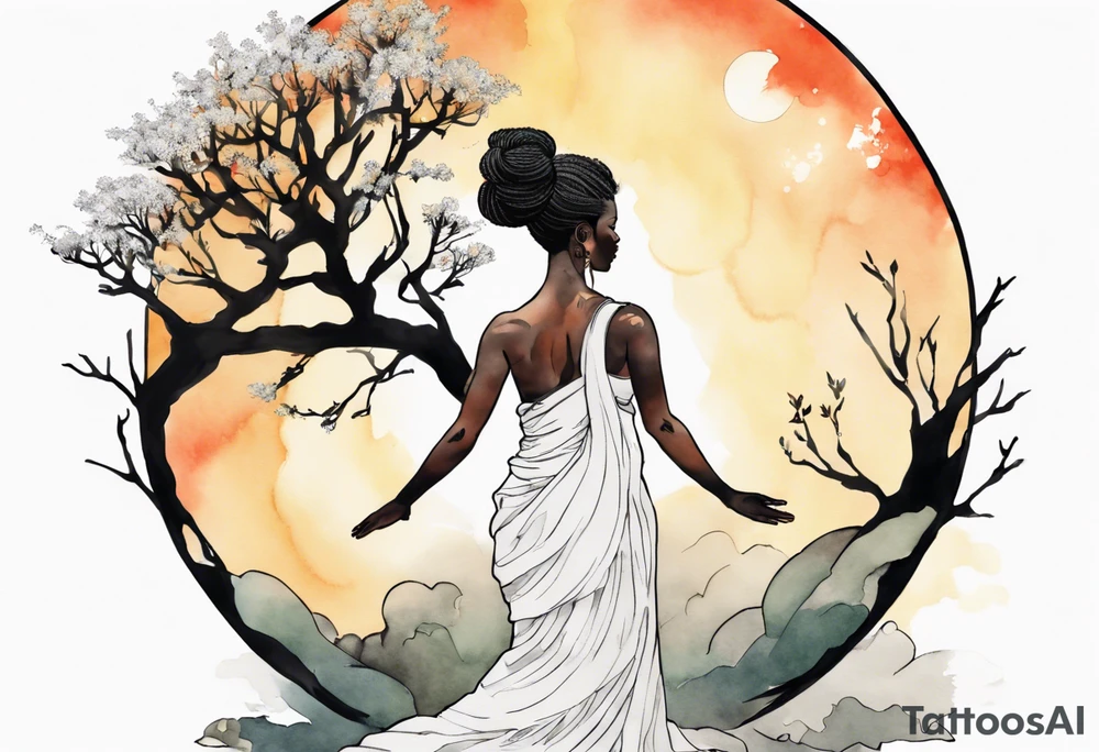 a tree that turns into a black woman reaching with her arms towards the sun, wearing a tunic tattoo idea