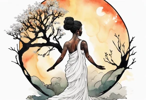 a tree that turns into a black woman reaching with her arms towards the sun, wearing a tunic tattoo idea