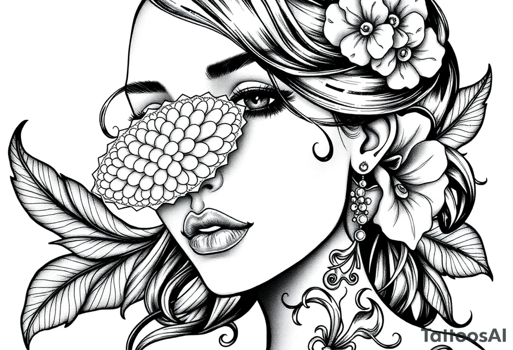 Fortuna as a beautiful woman with covered eyes by some material. She holds a scale tattoo idea