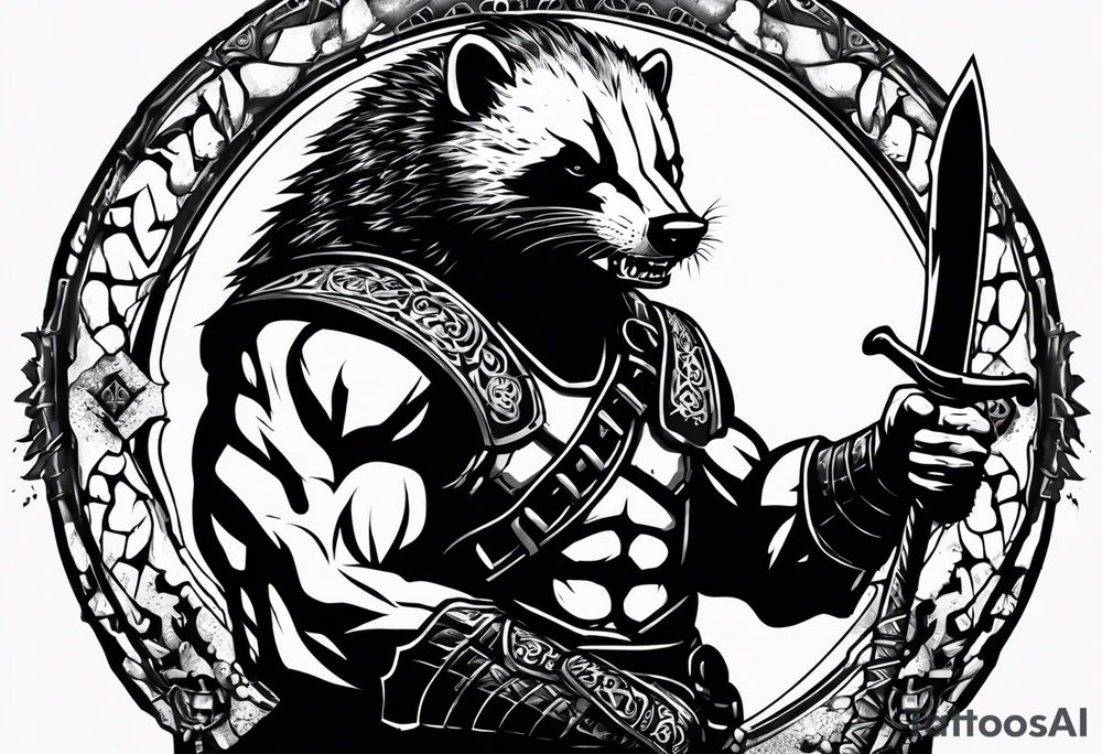 Draw me psychopath Honey Badger/Berserker with aggressive full body, killer face with a scary smile, very long nails and he attacks like a Bloody Assassin/Warrior/Gladiator to us and also, he has very deadly looking. He fights with his nails only. Everybody scares after their first sight. Give me horror type Badger Tattoo. I want to see his Realistic full body with no weapons. You can show destruction at the back. tattoo idea