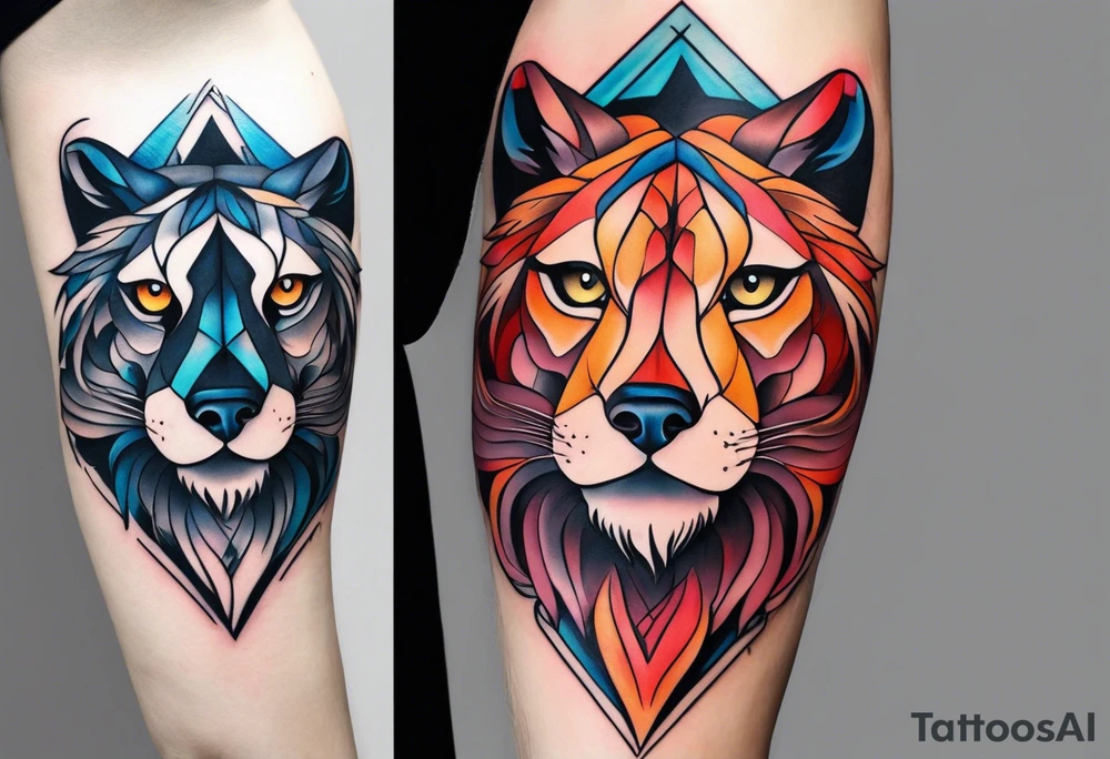 An minimalistic lioness, a minimalistic wolf and a minimalistic owl in front of a incredible sky. tattoo idea