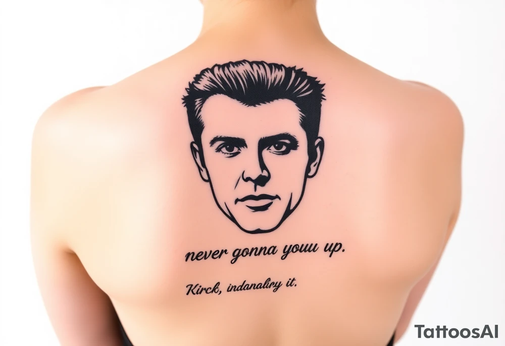 Rick Astley's Face outline with text "Never Gonna Give You Up" tattoo idea