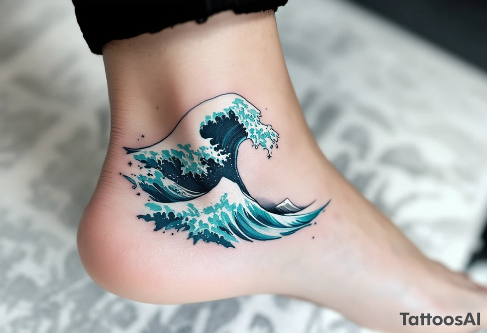 A turquoise wave crashes in delicate linework on the ankle, accented with silver highlights. tattoo idea