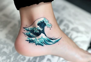 A turquoise wave crashes in delicate linework on the ankle, accented with silver highlights. tattoo idea
