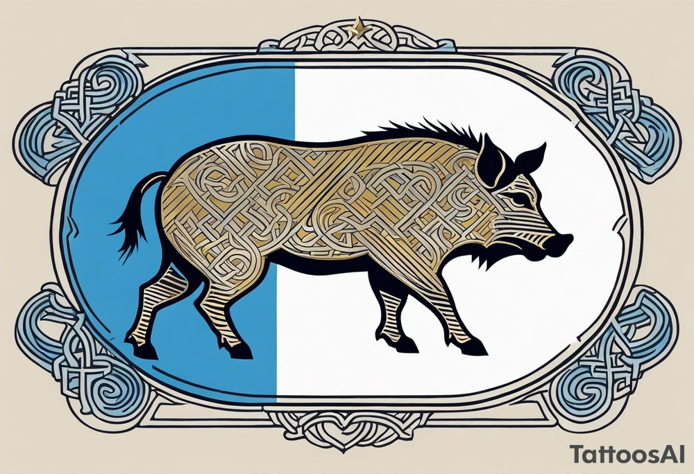 Side profile, Celtic, tribal, wild boar, On a Chatwin family crest with blue background, two gold stars, and a gold Chevron, and a Thistle tattoo idea