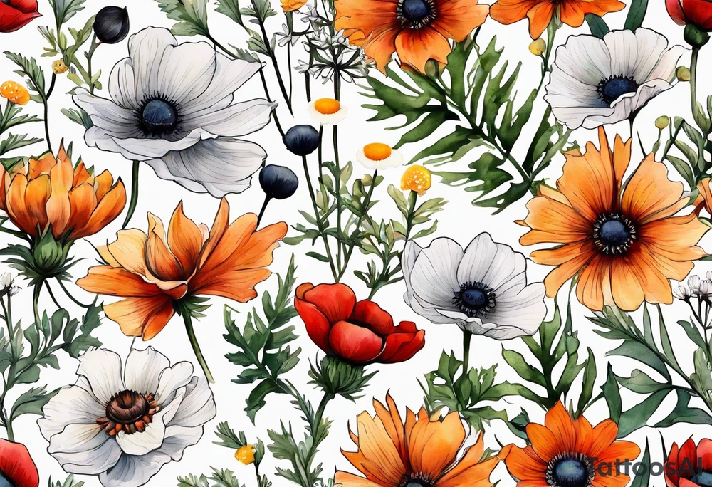 simple wildflowers cascading with thistles, ferns, white anemones, sun flowers, red flowers, black flowers, buttercups, orange flowers, babys breath and daisies all in watercolor tattoo idea