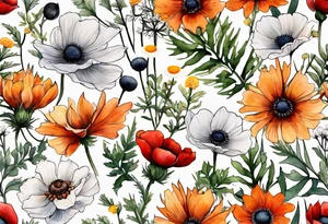 simple wildflowers cascading with thistles, ferns, white anemones, sun flowers, red flowers, black flowers, buttercups, orange flowers, babys breath and daisies all in watercolor tattoo idea