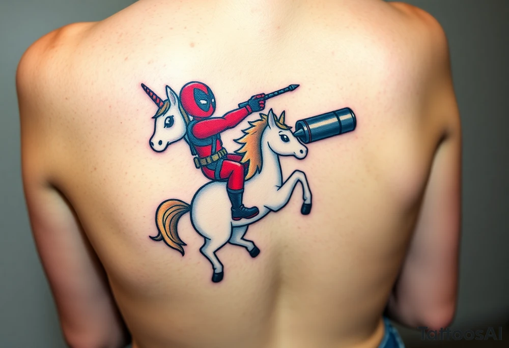 Deadpool riding unicorn pointing rocket propelled grenade launcher tattoo idea