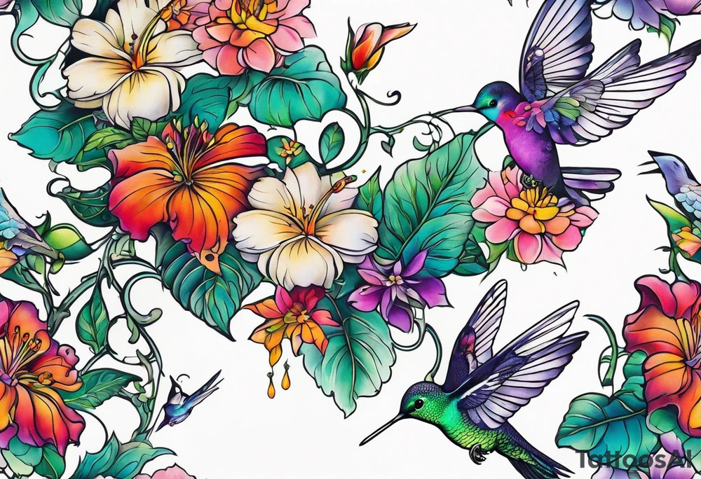 Leg sleeve that is a vine rapping around the leg with flowers and butterflies and  hummingbirds tattoo idea