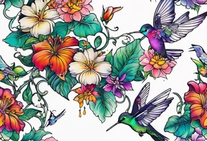 Leg sleeve that is a vine rapping around the leg with flowers and butterflies and  hummingbirds tattoo idea