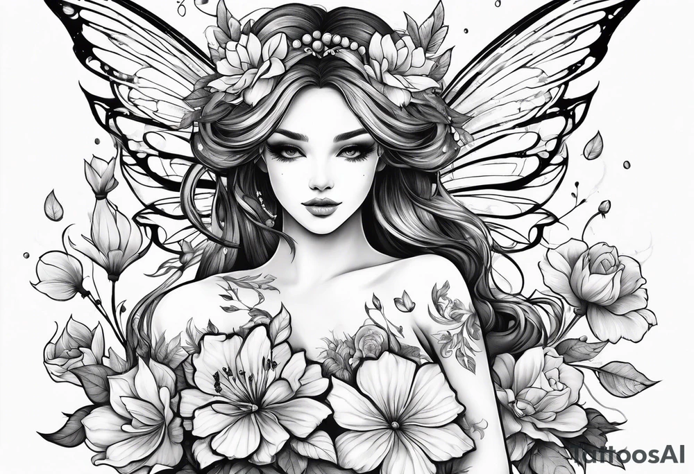 Flying Fairy with flowers, including arms and legs tattoo idea