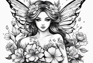 Flying Fairy with flowers, including arms and legs tattoo idea