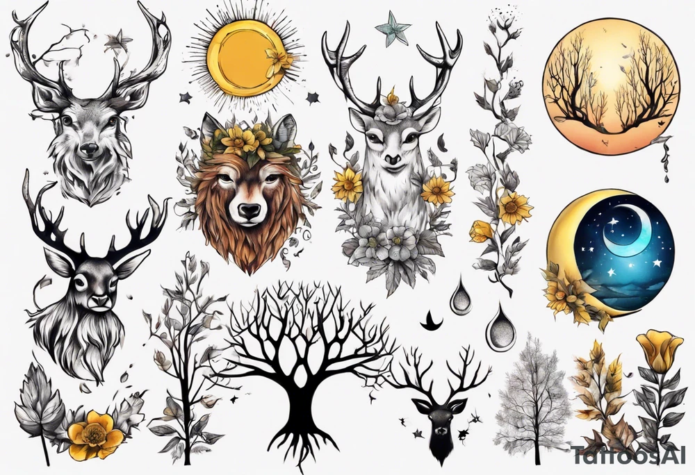 wasser, sonne, mond, eule  wald, hirsch, blume des lebens, 
baum, berlin tattoo idea
