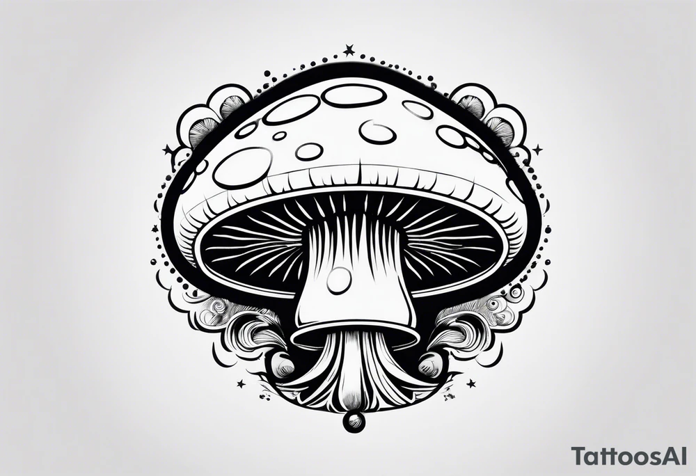 thin mushroom rocketship with fire coming out the bottom bursting out of bubble tattoo idea