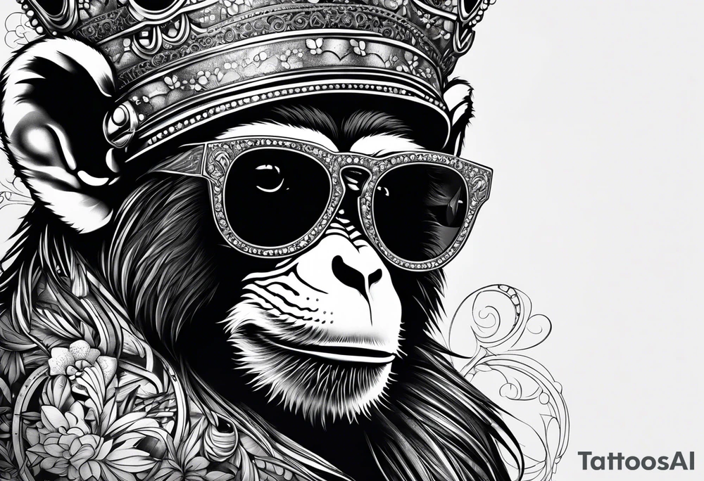 A cool free spirit female monkey with a princess crown and shades tattoo idea