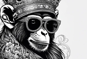 A cool free spirit female monkey with a princess crown and shades tattoo idea