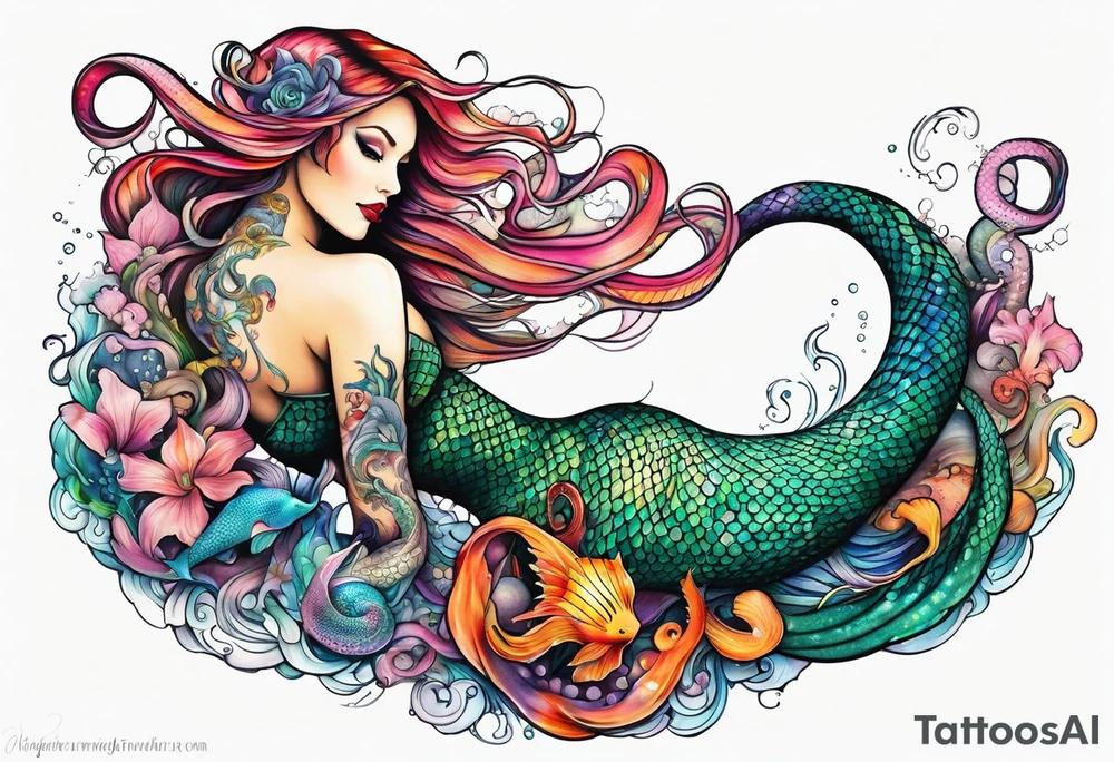 Mermaid with octopus tentacles instead of fish tail pinup style full color tattoo idea