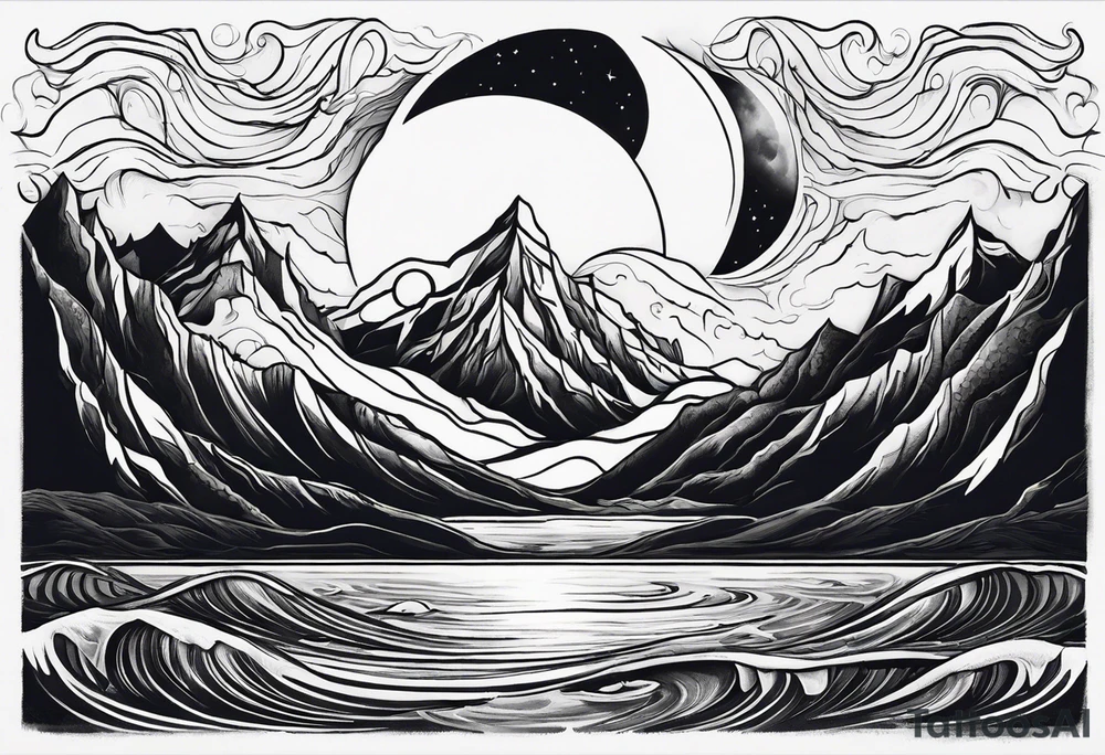 A moon that Drips at the bottom Surrounded by Mountains and waves. tattoo idea